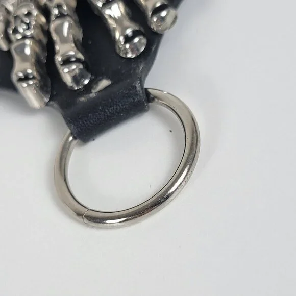 Black Faux Leather Silver Tone Skeleton Hand Slave Bracelet Punk Halloween Goth - Picture 6 of 9